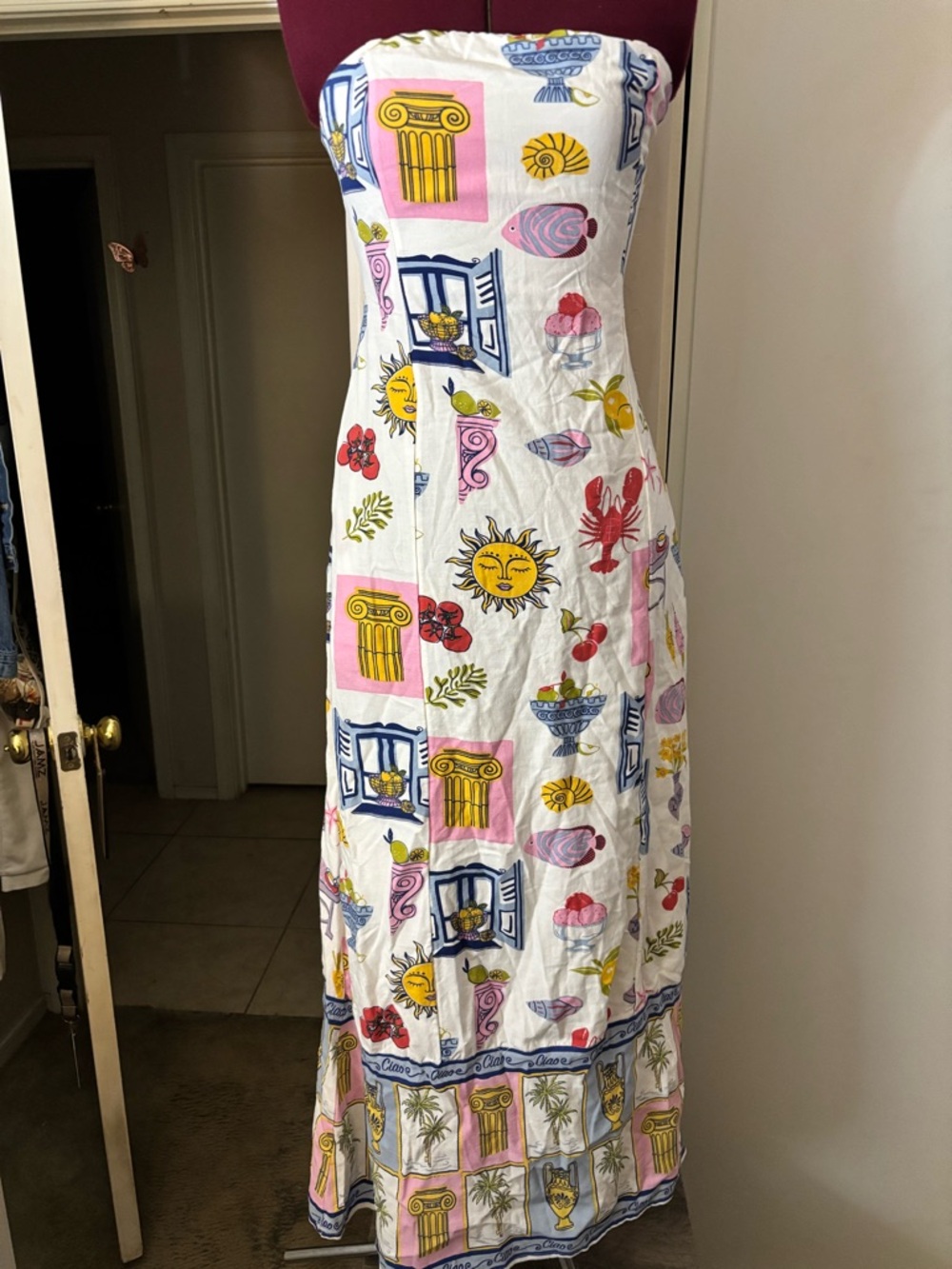 NWOT Japna Strapless Sun & Coastal Print Maxi Linen Blend Dress, Size Medium